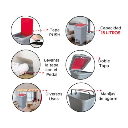 Caneca Cuadrada Plástica con Pedal 15 Litros - Imagen 6