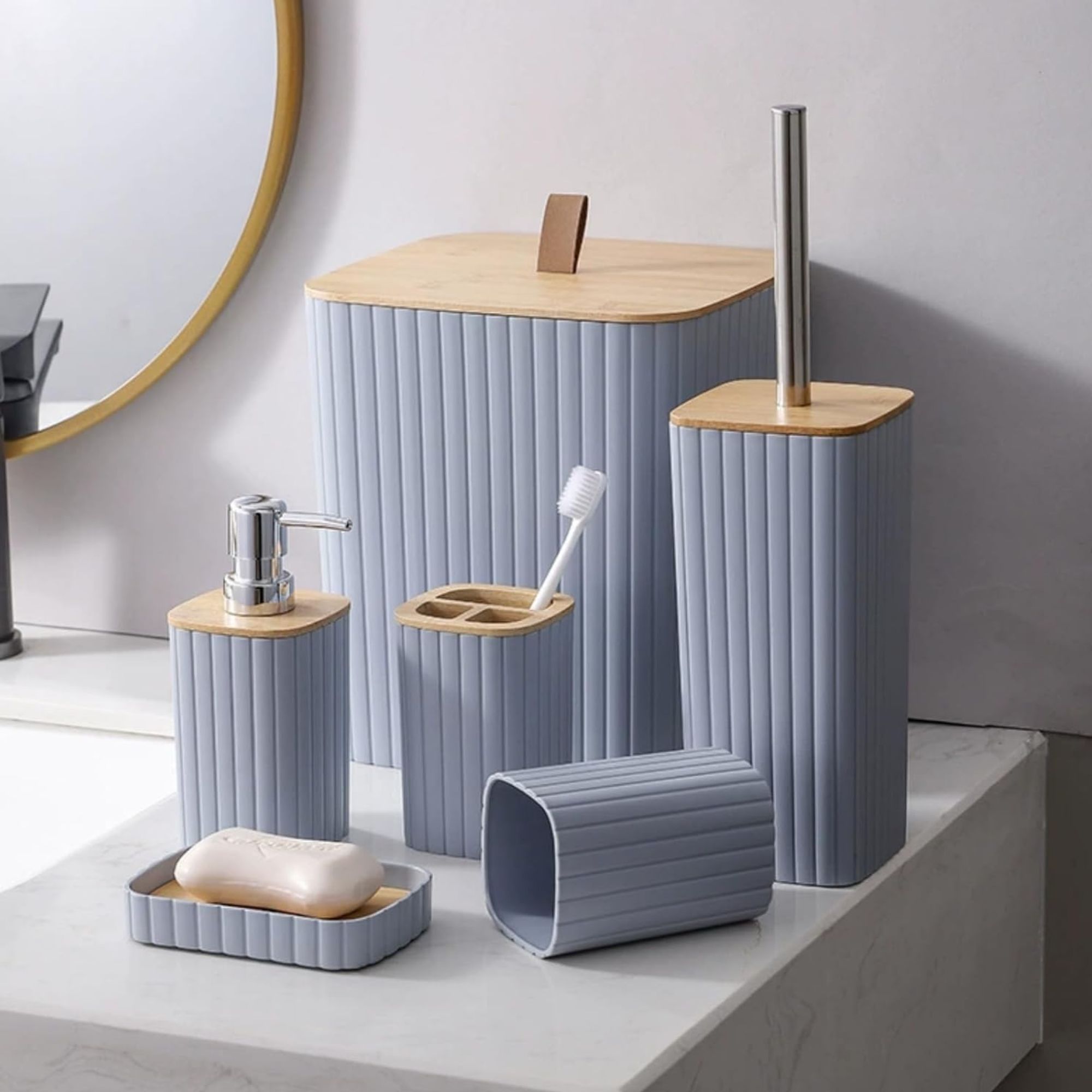 Set de 6 piezas para baño tapa bamboo Gris