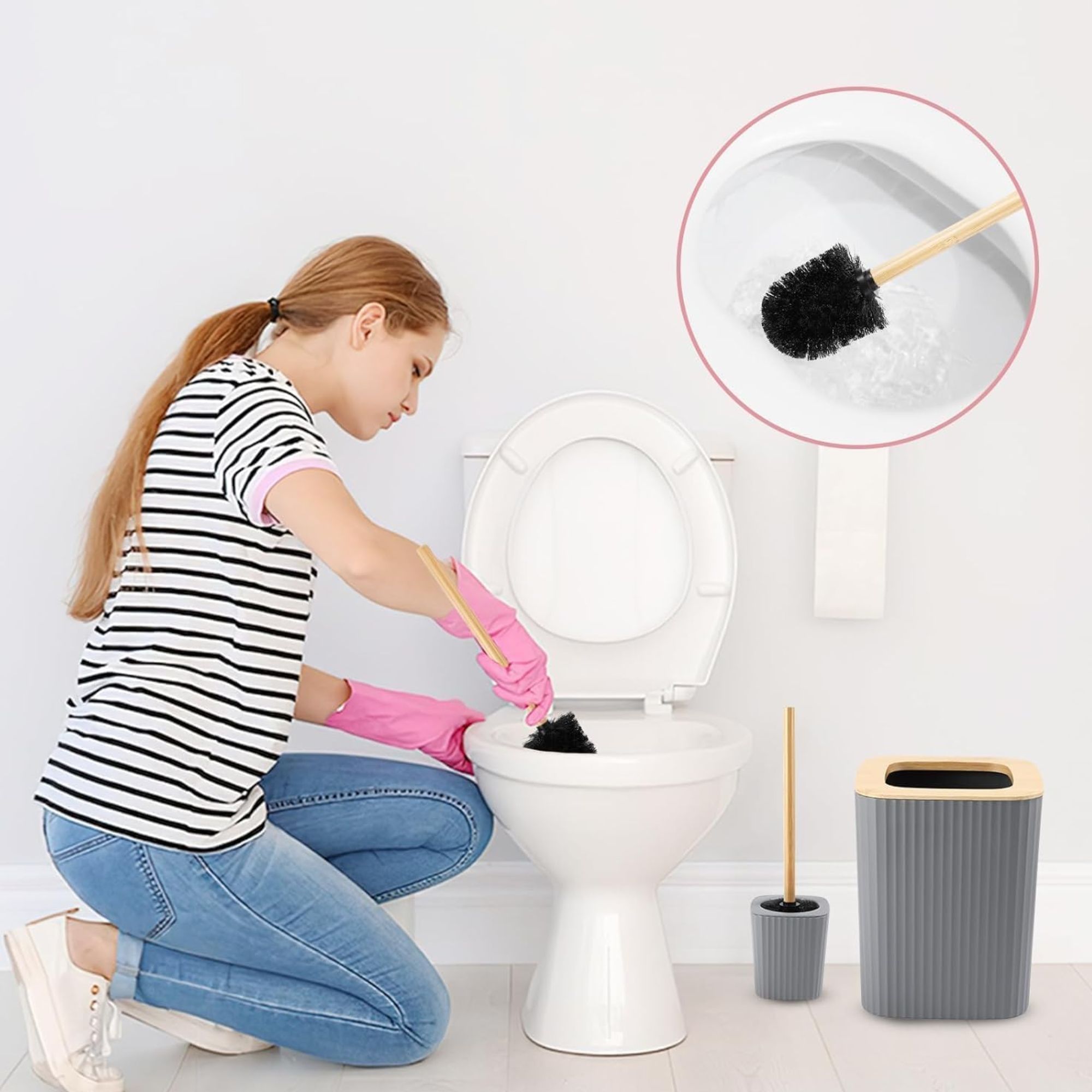 Set de 6 piezas para baño tapa bamboo Gris - Imagen 3